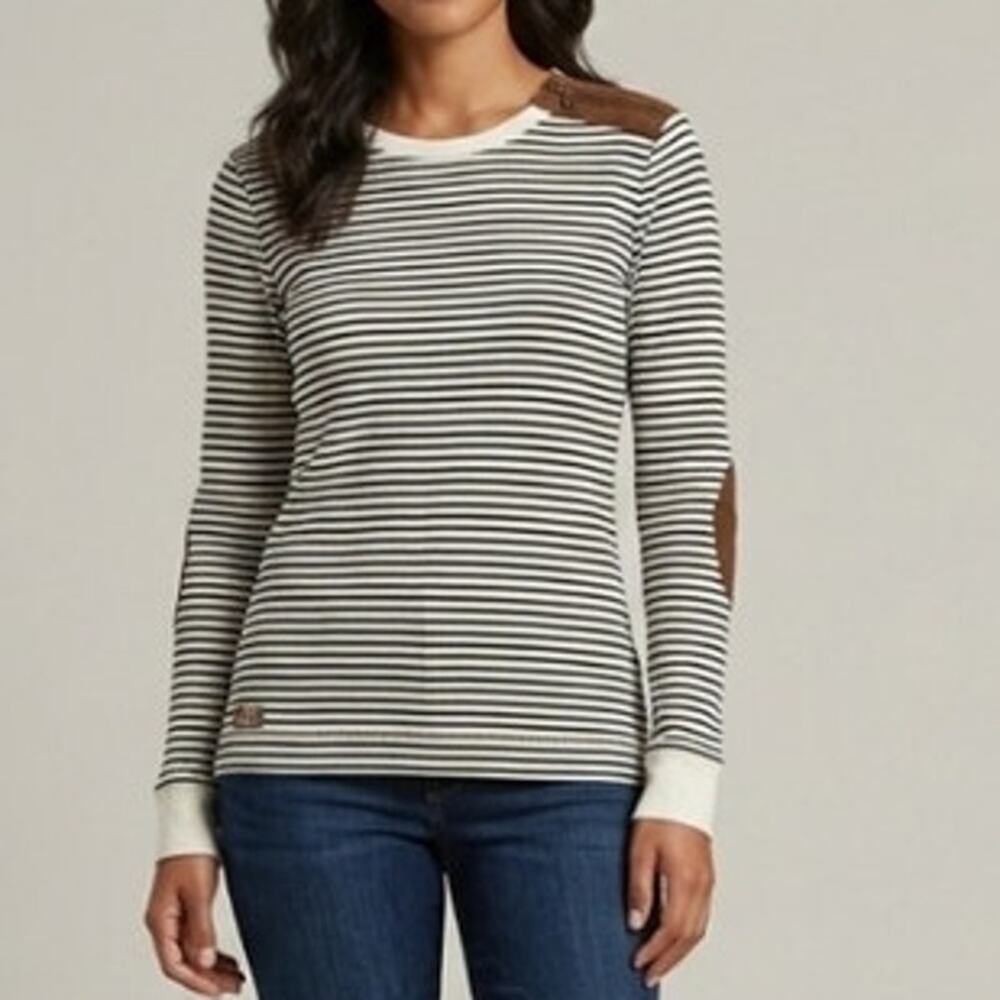 Ralph Lauren Women's Stripped Long Sleeve Top with Elbow patch Faux leather sz L - Picture 10 of 10
